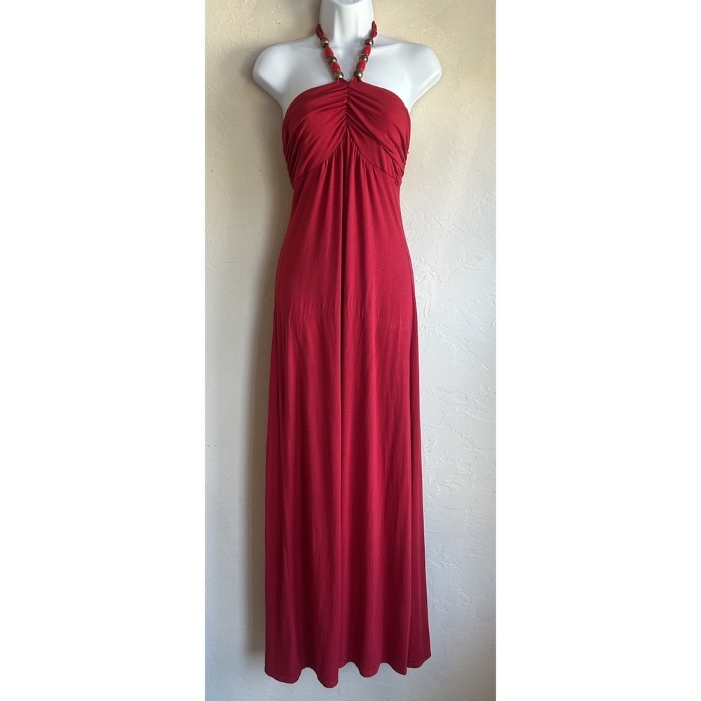 Vintage Y2K Susie Rose Beaded Neck Halter Maxi Dress‎ L Red Resort Glam Sexy